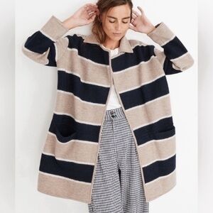 Madewell Cardigan Striped Ballard Sweater Coat in Cream Blue